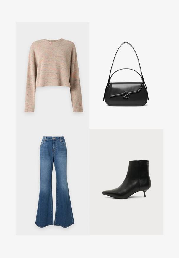 Let t, cropped sweater i multicolor strik med rund halsudskæring og lange ærmer. Blød tekstur med subtil mønstring over det hele.; Blå flagrende jeans i klassisk denimmateriale, høj talje og subtil falming med en bred ankelåbning, ingen synlige udsmykninger.; Sort læder ankelstøvle med spids tå og lav kitten hæl på lys baggrund, der viser yderside.; Sort skuldertaske i læder med en buet klap, der er fastgjort med en rund metal spænde, og en slank, justerbar rem.