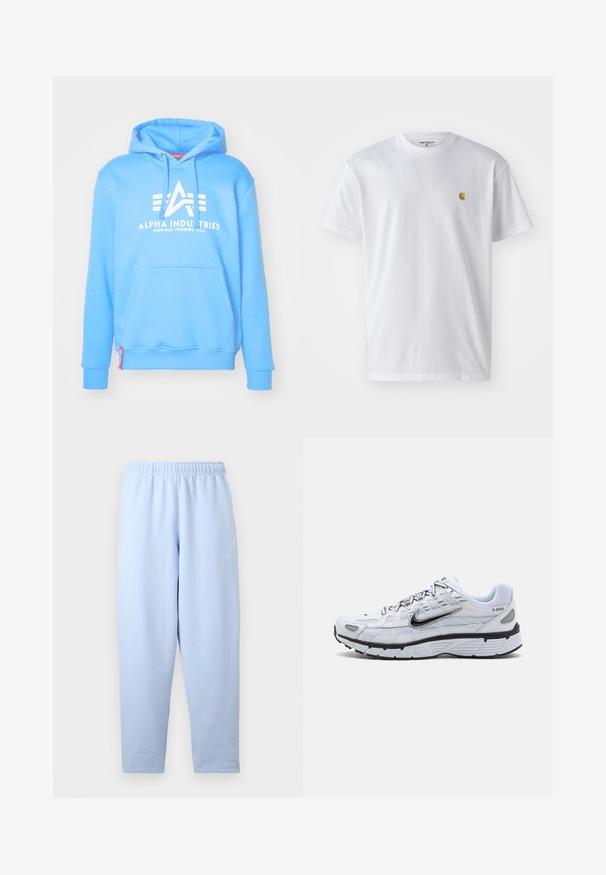 Lichtblauwe hoodie van zachte stof met een groot wit logo, een kangoeroezak en ribgebreide manchetten en zoom.; Witte katoenen t-shirt met korte mouwen en ronde hals, voorzien van een klein gouden logo op de linkerkant van de borst. Zachte textuur en een normale pasvorm.; Lichtblauwe, recht gesneden sweatpants met elastische tailleband, subtiel logo aan de zijkant, zonder zichtbare zakken of extra details.; Witte hardloopschoen met een bovenkant van mesh, ronde neus, zwarte accenten en een geëtst zool. Kenmerken van veters en branding aan de zijkant.
