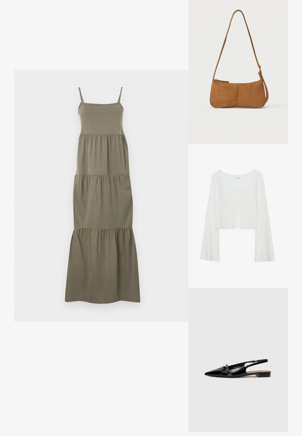 Biely rebrovaný crop top s okrúhlym výstrihom, dlhými rukávmi a radom gombíkov. Má jemnú textúru a predné rozparky.; Olivovo zelená, bezrukávová maxi šaty, s priliehavým telom a vrstvenou, volánkovou sukňou pre uvoľnený siluetu. Vyrobené z mäkkej tkaniny.; Čierne lakované sľubové topánky s špicatou špicou, minimalistický dizajn, malý opätok a strieborná pracka na remienku.; Hnedá semišová kabelka na rameno s zakriveným tvarom, nastaviteľným popruhom, zipsovým zatváraním a minimálnou kovovou výbavou. Hladká textúra s jednoduchým dizajnom.