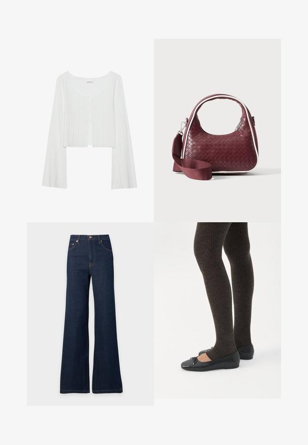 Biely rebrovaný crop top s okrúhlym výstrihom, dlhými rukávmi a radom gombíkov. Má jemnú textúru a predné rozparky.; Tmavomodré džínsy s vysokým pásom, širokými nohavicami, predným gombíkom a vreckami, zobrazené na obyčajnom svetlom pozadí.; Nohy v tmavých pásikavých legínach v kombinácii s čiernymi balerínkami s malými mašličkami na bielom pozadí.; Vínová tkaná kožená kabelka s oblým držadlom, bielym lemom, strieborným zipsom a odnímateľným širokým látkovým ramenným popruhom na jednofarebnom pozadí.