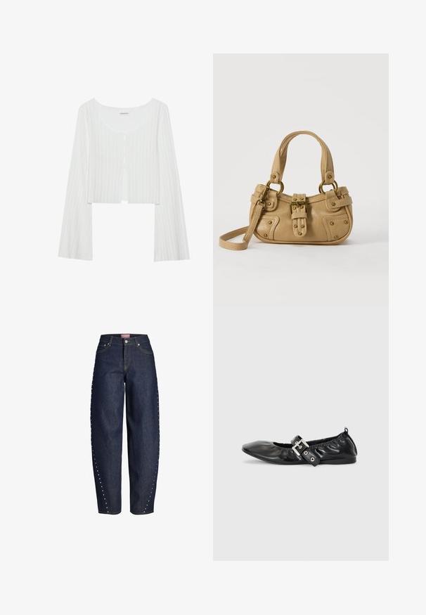 Biely rebrovaný crop top s okrúhlym výstrihom, dlhými rukávmi a radom gombíkov. Má jemnú textúru a predné rozparky.; Tmavomodré džínsy s širokými nohavicami, vysokým pásom, zapínaním na predné gombíky a zips, so striebornými cvokmi pozdĺž vonkajších švov.; Čierna kožená plochá obuv s špicatou špičkou, zberaným detailom okolo otvoru a strieborným prackovým akcentom na nastaviteľnom remienku.; Béžová kožená kabelka s dvojitými držadlami, mosadznou prackou a detailmi s nitmi, a nastaviteľným ramenným popruhom na bielom pozadí.