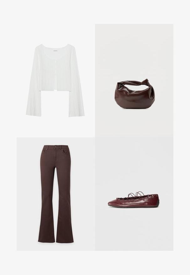 Hvid, ribbet, cropped top med rund halsudskæring, lange ærmer og knaplukning. Har en let struktur og en front slids detalje.; Mørkebrune højtaljede jeans med knap- og lynlås lukning, forlommer og vidde i benene på en ensfarvet lys baggrund.; Burgundy læder balletflade med spids tå, snøredetaljer foran, og sølvøjer. Blød sål for fleksibilitet og komfort.; Mørkebrun læder skuldertaske med en blød, afslappet form og et snoet knudehåndtag på en ensartet hvid baggrund.