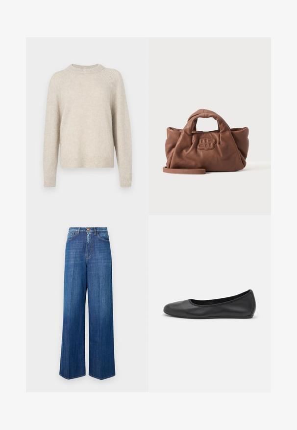 Beige gebreide trui met een ronde hals, raglanmouwen en geribbelde zoom. Zacht van textuur met een iets losse pasvorm en een minimaal patroon.; Brede denim jeans in donkerblauw, met een hoge taille, knoopsluiting en klassieke stiksels. Glad textuur met een lichte vervaging.; Zwarte leren ballerina met een ronde neus, gladde textuur, minimale stikdetails en een flexibele zoolontwerp.; Zachte bruine leren handtas met korte handgrepen, een vooraan gestikt logo en een afneembare lange band op een effen lichte achtergrond.