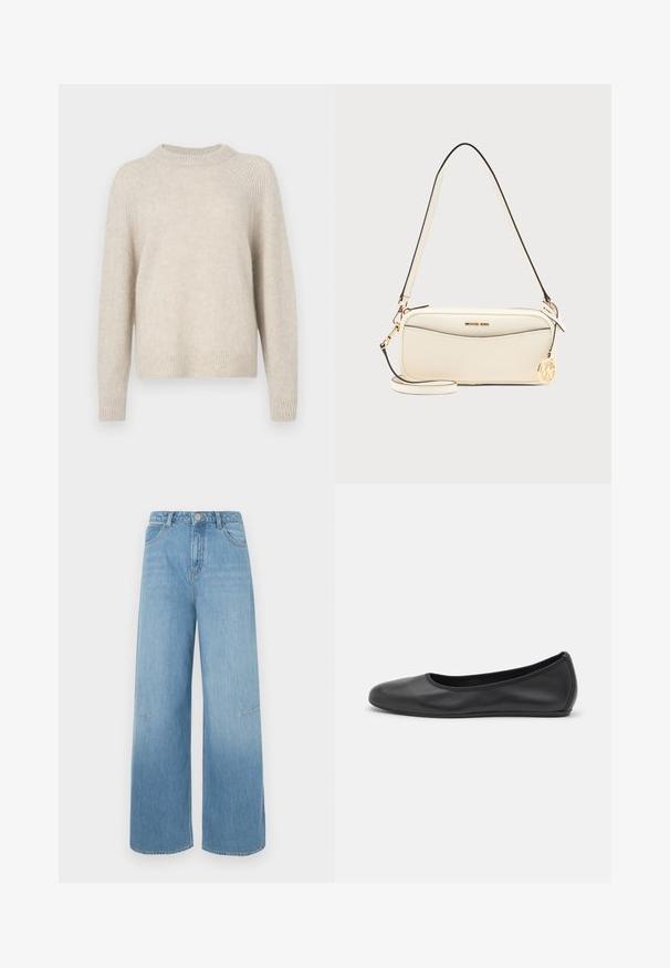 Beige Strickpullover mit Rundhalsausschnitt, Raglanärmeln und geripptem Saum. Weiche Textur mit einer leicht lockeren Passform und minimalem Muster.; Himmelblaue weit geschnittene Jeans mit hoher Taille, zwei vorderen Taschen, zarten Nähten und einer lockeren Passform.; Schwarze Leder-Ballettschuhe mit abgerundeter Spitze, glatter Textur, minimalen Nähdetails und einem flexiblen Sohlen-Design.; Cremefarbene Michael Kors Schultertasche mit goldenem Logo-Anhänger, Reißverschluss und verstellbarem Riemen vor einfarbigem Hintergrund.