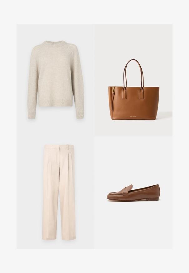 Béžový pletený sveter s okrúhlym výstrihom, raglanovými rukávmi a rebrovaným lemom. Mäkká textúra s mierne voľným strihom a minimálnym vzorom.; Béžové nohavice s pukmi, vyrobené z hladkej tkaniny. Majú pás s pútkami na opasok a rovný strih nohavíc, bez viditeľných vreciek.; Klasická hnedá kožená mokasína s nízkym podpätkom a prešitým detailom na prednej časti, zobrazená v bočnom profile na bielom pozadí.; Hnedá kožená taška typu tote s dvoma dlhými rúčkami a malým zlatým zipsom na boku, na jednolivom svetlom pozadí.
