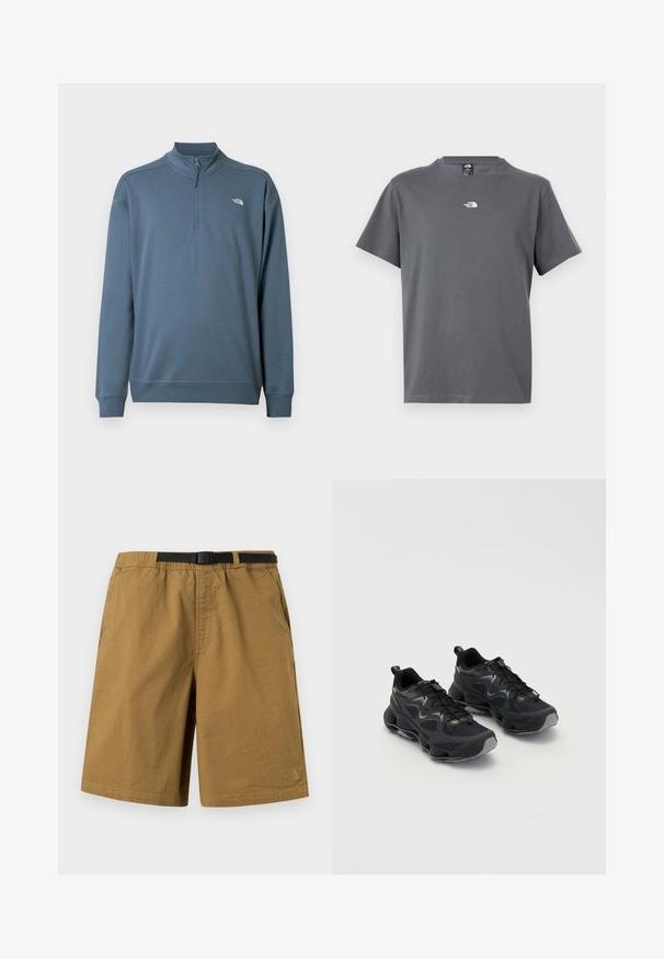 Pull bleu à manches longues avec fermeture éclair jusqu'au quart, col montant et petit logo blanc The North Face sur le côté gauche de la poitrine.; T-shirt gris à manches courtes avec col rond, arborant un petit logo blanc The North Face centré sur la poitrine.; Shorts décontractés marron avec ceinture noire ajustable à boucle, poches latérales et logo discret sur la partie inférieure de la jambe gauche, sur un fond uni.; Chaussures de sport noires avec une tige en maille texturée, dotées d'une semelle épaisse, d'un système de laçage et de subtils accents gris.