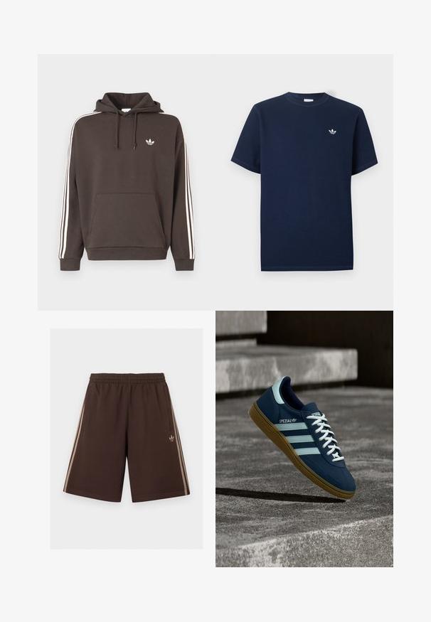 Brun hættetrøje med hvid Adidas-logo på brystet, hvide tre-striber langs ærmerne, kangurulomme foran og snørelukning i hætten.; Mørkeblå, ribstrikket T-shirt med korte ærmer, rund hals og lille hvid Adidas Trefoil-logo på venstre bryst.; Brune Adidas-shorts med elastisk talje, sidelommer og lysebeige triple striber langs benene, Adidas-logo på højre side.; Blå Adidas Spezial sneaker med hvide striber og snørebånd, gummisål, svævende over en ru betongoverflade og trin i baggrunden.