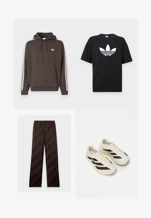 Καφέ φούτερ με κουκούλα, λευκό λογότυπο Adidas στο στήθος, λευκές τρεις ρίγες κατά μήκος των μανικιών, μπροστινή τσέπη τύπου καγκουρό και κουκούλα με κορδόνια.; Μαύρη βαμβακερή μπλούζα t-shirt με κοντά μανίκια, με μεγάλο λευκό λογότυπο Adidas και τρεις οριζόντιες ρίγες στο κάτω μέρος. Κλασικός σχεδιασμός με στρογγυλή λαιμόκοψη.; Καφέ παντελόνι με φαρδύ πόδι, σκούρο γεωμετρικό και πουλί μοτίβο, ελαστική μέση και τσέπες με φερμουάρ στο πλάι.; Ανοιχτόχρωμα αθλητικά παπούτσια με σκούρες καφέ διαγωνίους ρίγες, υφασμάτινο επάνω μέρος με υφή και μαλακή σόλα. Διαθέτει κίτρινη σήμανση "ADIZERO".