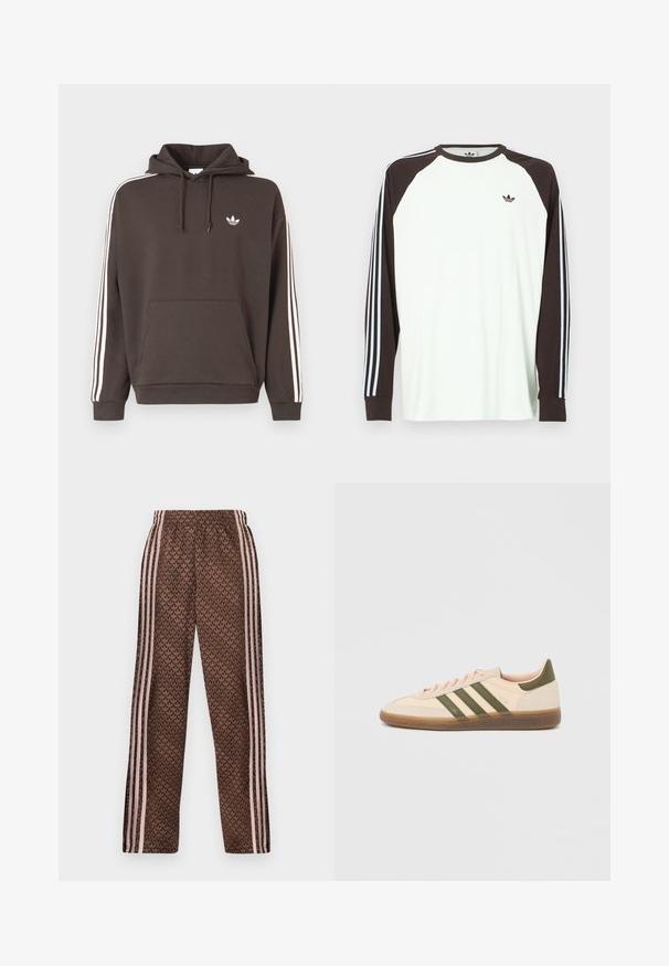 Καφέ φούτερ με κουκούλα, λευκό λογότυπο Adidas στο στήθος, λευκές τρεις ρίγες κατά μήκος των μανικιών, μπροστινή τσέπη τύπου καγκουρό και κουκούλα με κορδόνια.; Λευκό πουκάμισο με μακριά μανίκια και καφέ μανίκια raglan. Διαθέτει μπλε και λευκές ρίγες στα μανίκια και ένα μικρό λογότυπο στο στήθος.; Καφέ παντελόνια φόρμας με ανοιχτό ροζ κάθετες ρίγες στα πλαϊνά και επαναλαμβανόμενο σχέδιο φύλλων σε όλη την επιφάνεια, ελαστική μέση, εφαρμοστή ίσια γραμμή στα πόδια.; Χαμηλού προφίλ μπεζ αθλητικό παπούτσι Adidas Spezial με πράσινες ρίγες, σόλα από καουτσούκ και την επωνυμία "SPEZIAL" στην πλευρά, εμφανίζεται από την εξωτερική πλευρά.