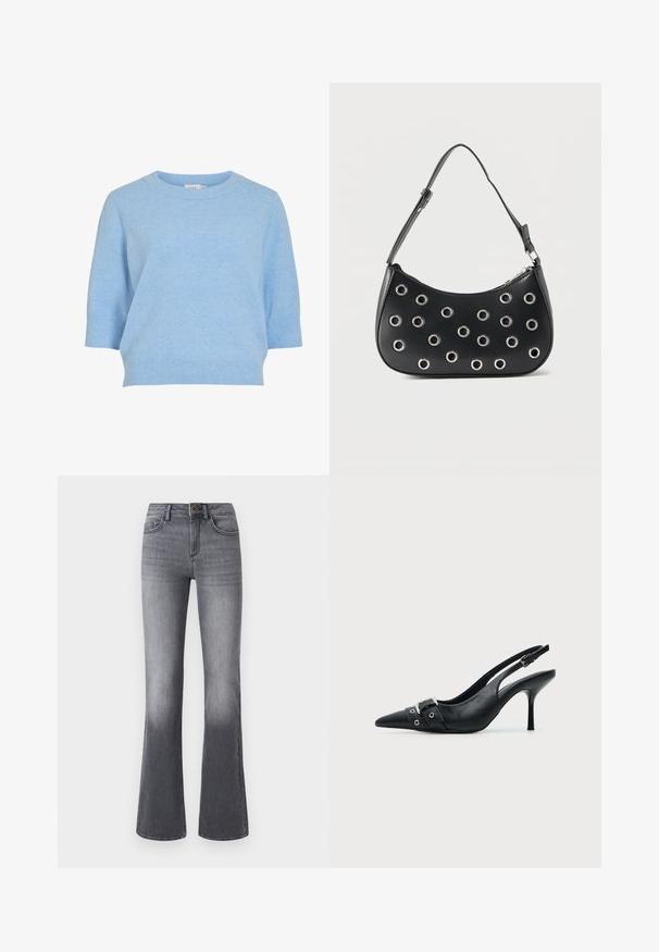 Suéter de punto azul claro con cuello redondo, mangas cortas y dobladillo acanalado. Textura suave y corte relajado.; Jeans acampanados de tiro alto en denim gris oscuro, con bolsillos frontales, cierre de botón y un sutil desgaste hacia el dobladillo.; Zapato de tacón alto tipo slingback de piel negra con puntera puntiaguda, con hebilla y detalle de tira con ojetes en la parte delantera.; Bolso de hombro de cuero negro con correa ajustable, adornos de ojales metálicos plateados y cierre superior con cremallera.