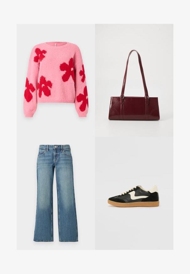Pull en tricot rose avec de grands motifs floraux rouges sur le devant et les manches, présentant un col rond et des poignets et un ourlet côtelés.; Jean en denim bleu clair à coupe large, avec une taille mi-haute, des poches avant et un léger délavage, affichant une texture lisse.; Baskets en daim et cuir noir avec un swoosh latéral crème et un talon crème clair. Dotées de lacets beige et d'une semelle en caoutchouc gomme.; Sac à main bordeaux en matériau brillant, de forme rectangulaire, avec deux anses et des accents légèrement courbés à l'avant.
