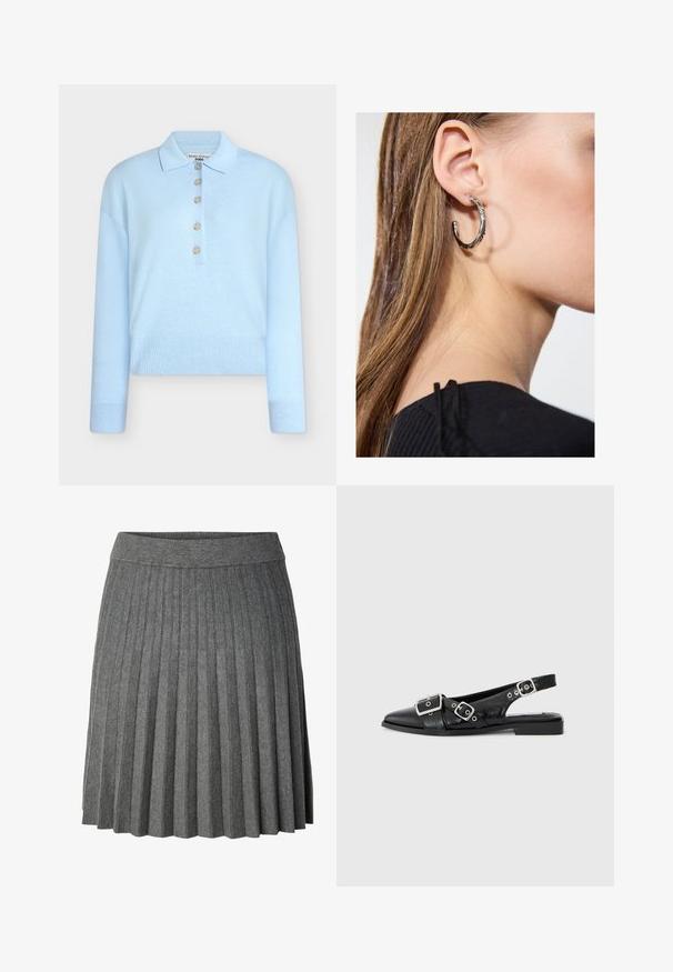 Pull tricoté bleu clair coupé court avec un col plat et une fermeture à cinq boutons. Comprend des manches longues et une texture côtelée à l'ourlet.; Jupe plissée gris foncé longueur genou avec une large taille élastique en tissu tricoté doux.; Chaussure slingback en cuir noir avec un bout pointu, deux boucles en argent et un petit talon carré. Présente un dessus texturé et un dos ouvert.; Boucle d'oreille en argent avec une finition polie, présentant de petits détails en or et de forme ronde, portée sur le lobe.