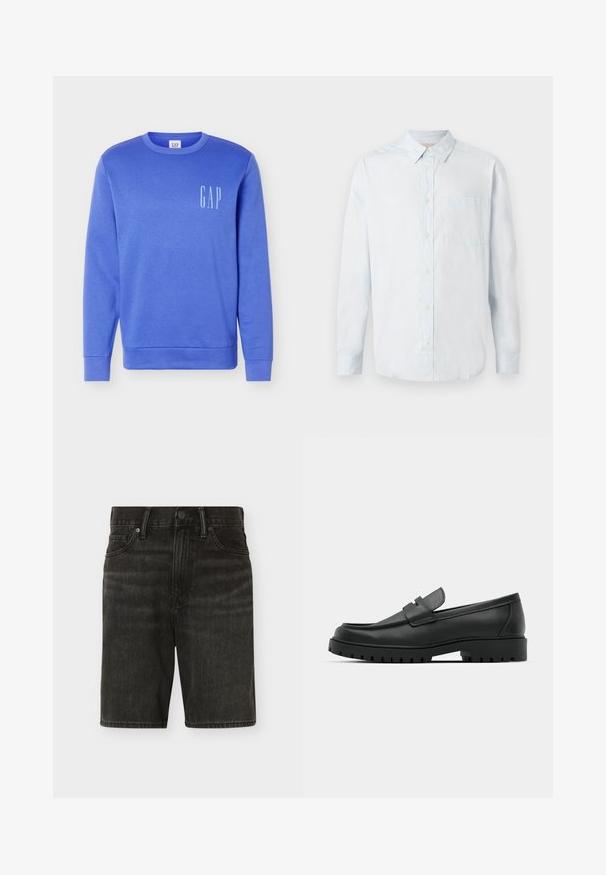 Sweat-shirt bleu à manches longues avec col rond et logo « GAP » blanc sur le côté gauche de la poitrine, poignets et bas-côtes côtelés, fond uni.; Chemise à manches longues bleu clair avec col pointu et poche poitrine, présentée à plat sur un fond blanc.; Short en denim noir avec bouton et fermeture éclair à l'avant, passants de ceinture et poches avant, présenté sur un fond clair uni.; Mocassins en cuir noir à bout arrondi, avec un design cousu, une semelle plateforme basse et une semelle en caoutchouc texturée et crantée.
