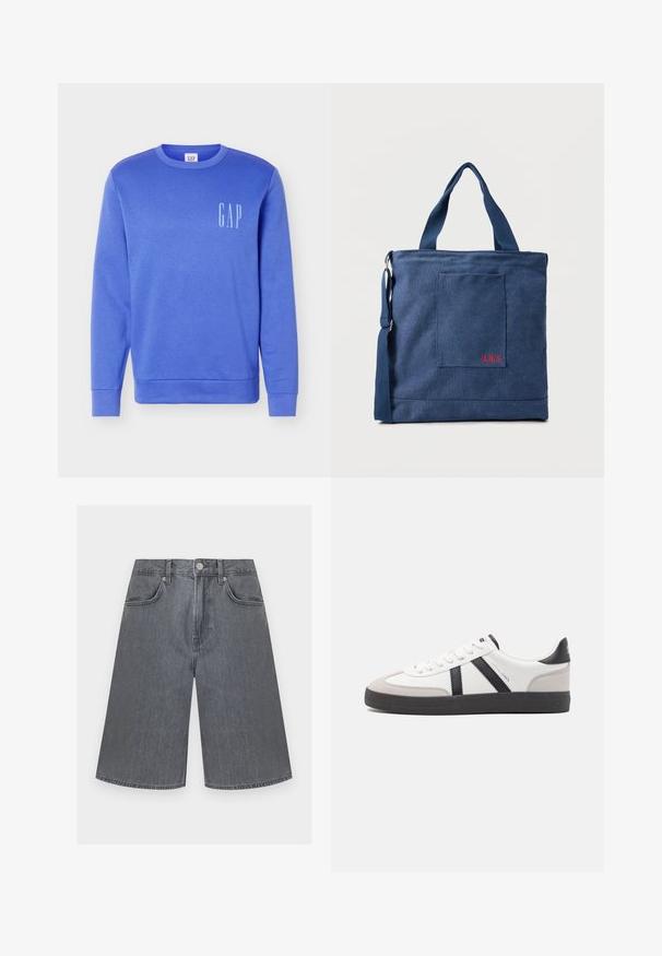 Sweat-shirt bleu à manches longues avec col rond et logo « GAP » blanc sur le côté gauche de la poitrine, poignets et bas-côtes côtelés, fond uni.; Shorts en denim gris taille haute à jambes larges, avec bouton, fermeture éclair et deux poches avant sur fond uni.; Baskets blanches avec des accents noirs et gris, présentant un embout texturé gris, une semelle en caoutchouc noir et des lacets plats blancs. Design épuré, style minimaliste.; Sac fourre-tout en toile bleue avec poche frontale et broderie rouge "O.N.S", doté de doubles poignées et d'une bandoulière réglable.
