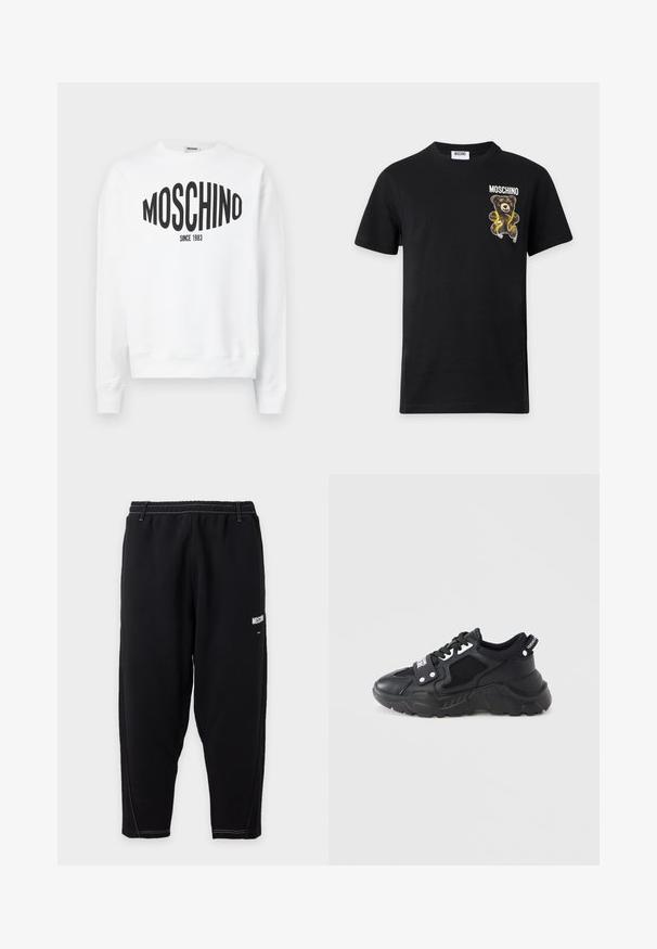 Λευκή φούτερ μπλούζα με μαύρο λογότυπο "Moschino" και το κείμενο "SINCE 1983", μακριά μανίκια και στρογγυλή λαιμόκοψη. Μαλακό βαμβακερό υλικό.; Μαύρο κοντομάνικο t-shirt Moschino με μικρό γραφικό αρκουδάκι και το όνομα της μάρκας στο επάνω αριστερό μέρος του στήθους.; Μαύρη στενή φόρμα με ελαστική μέση, λευκή αντίθετη ραφή και μικρό λευκό λογότυπο "Moschino" στον πάνω μηρό.; Μαύρο αθλητικό παπούτσι με χοντρή σόλα, διαθέτει πάνελ από δίχτυ και δερμάτινες λεπτομέρειες. Περιλαμβάνει λευκά κορδόνια και λογότυπο στο πλάι.