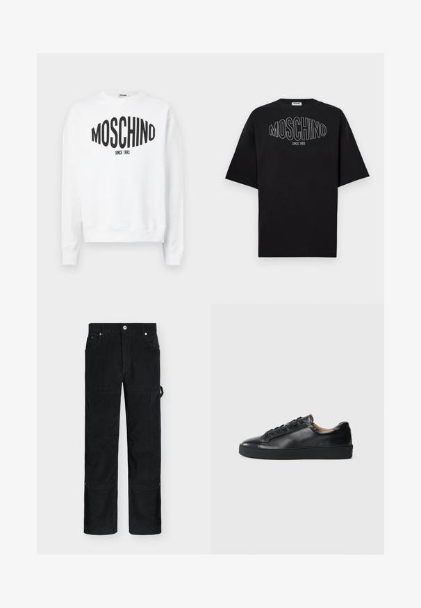 Λευκή φούτερ μπλούζα με μαύρο λογότυπο "Moschino" και το κείμενο "SINCE 1983", μακριά μανίκια και στρογγυλή λαιμόκοψη. Μαλακό βαμβακερό υλικό.; Μαύρο βαμβακερό μπλουζάκι με μεγάλο, περιγραμμικό λογότυπο «MOSCHINO» σε λευκό, με το «SINCE 1983» από κάτω, κοντά μανίκια και χαλαρή γραμμή.; Μαύρο παντελόνι από κορδόνι με ίσια γραμμή, μπροστινό κουμπί, πλευρικό λουράκι στην τσέπη και ενισχυμένα μπαλώματα στα γόνατα.; Μαύρο δερμάτινο αθλητικό παπούτσι με λεία υφή, στρογγυλή μύτη και κορδόνια. Διαθέτει παχιά καουτσούκ σόλα και ελάχιστες λεπτομέρειες branding.