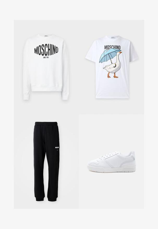 Λευκή φούτερ μπλούζα με μαύρο λογότυπο "Moschino" και το κείμενο "SINCE 1983", μακριά μανίκια και στρογγυλή λαιμόκοψη. Μαλακό βαμβακερό υλικό.; Λευκό μπλουζάκι με το κείμενο "Moschino" πάνω από ένα γραφικό λευκού χήνου που κρατά μια μπλε ομπρέλα πάνω από την πλάτη του.; Μαύρες φόρμες με χαλαρή εφαρμογή, φτιαγμένες από μαλακό ύφασμα. Διαθέτουν ελαστική μέση και λευκό λογότυπο "Moschino" στο αριστερό μπουμπούκι.; Λευκό sneaker χαμηλής κοπής με σχέδιο κορδονιών, λείο συνθετικό επάνω μέρος και μοτίβο από καουτσούκ στη σόλα, σε απλό φωτεινό φόντο.