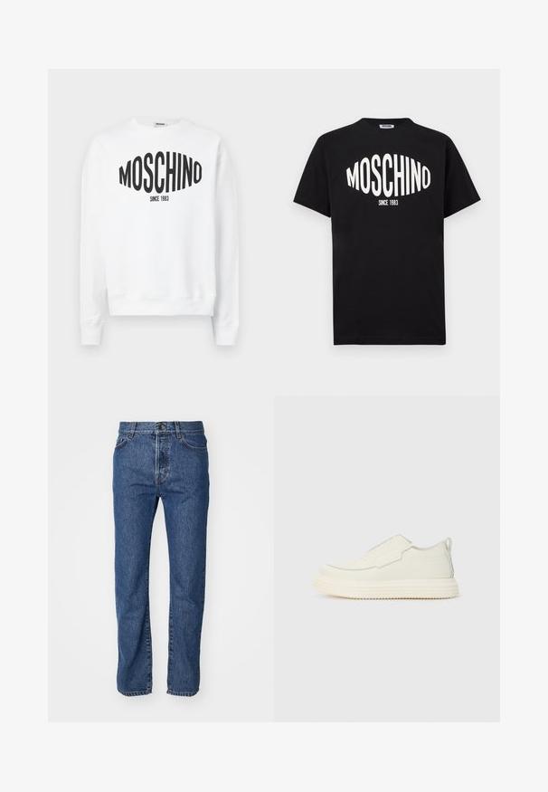 Λευκή φούτερ μπλούζα με μαύρο λογότυπο "Moschino" και το κείμενο "SINCE 1983", μακριά μανίκια και στρογγυλή λαιμόκοψη. Μαλακό βαμβακερό υλικό.; Μαύρο βαμβακερό t-shirt με μεγάλο λευκό λογότυπο "MOSCHINO" και κείμενο "SINCE 1983", με κλασικό στρογγυλό λαιμό και κοντά μανίκια.; Ανοιχτό μπλε τζιν παντελόνι με ίσια γραμμή, πέντε τσέπες, ορατές ραφές και κλείσιμο με κουμπί στη μέση.; Slip-on αθλητικό παπούτσι σε εκρού με υφή, με χοντρή, ραβδωτή σόλα. Διαθέτει ελάχιστες ραφές και διακριτική γαλάζια λεπτομέρεια.