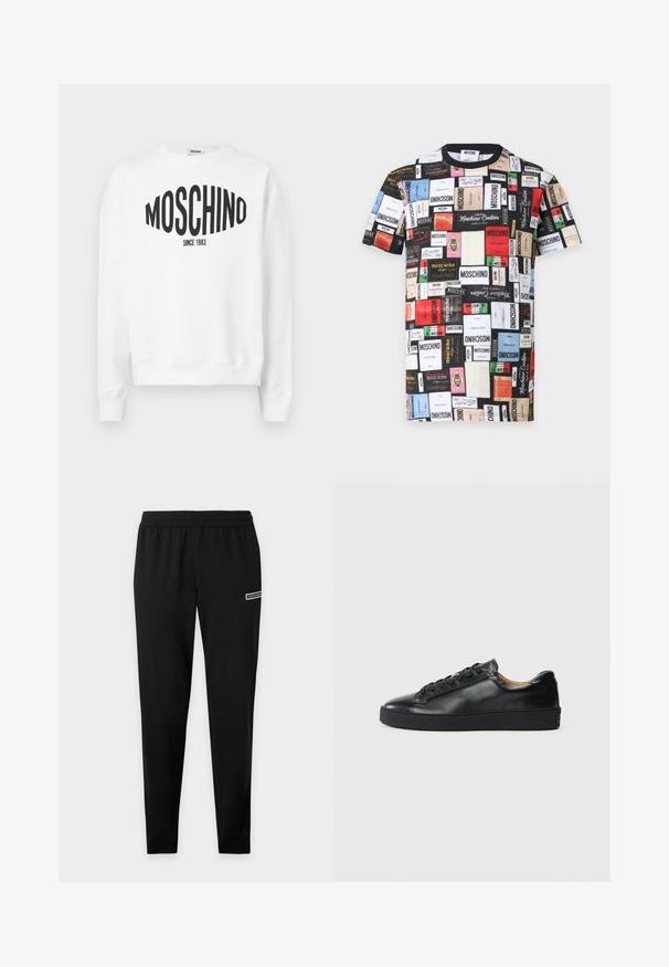 Λευκή φούτερ μπλούζα με μαύρο λογότυπο "Moschino" και το κείμενο "SINCE 1983", μακριά μανίκια και στρογγυλή λαιμόκοψη. Μαλακό βαμβακερό υλικό.; Κοντομάνικο t-shirt Moschino με πολύχρωμες ορθογώνιες ετικέτες που φέρουν το όνομα της μάρκας και κείμενο με διάφορες γραμματοσειρές και μεγέθη.; Μαύρο στενό φαρδύ παντελόνι φόρμας με ελαστική μέση και μικρή λογότυπο στο πάνω μέρος του μηρού σε απλό φόντο.; Μαύρο δερμάτινο αθλητικό παπούτσι με λεία υφή, στρογγυλή μύτη και κορδόνια. Διαθέτει παχιά καουτσούκ σόλα και ελάχιστες λεπτομέρειες branding.
