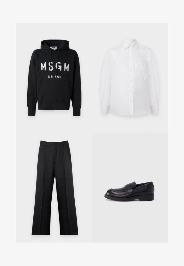 Μαύρη φόρμα με κουκούλα και λευκό λογότυπο MSGM Milano μπροστά, διαθέτοντας μπροστινή τσέπη και κορδόνι στην κουκούλα.; Άσπρο μακρυμάνικο πουκάμισο με κουμπιά, γιακά και τσέπη στο στήθος, εμφανιζόμενο με πλήρη όψη σε λευκό φόντο.; Μαύρο παντελόνι σε ίσια γραμμή με θηλιές για ζώνη, πιέτες στο μπροστινό μέρος και κρυφό κλείσιμο μπροστά.; Μαύρο δερμάτινο μοκασίνι με χαμηλό τακούνι και λουράκι στην πάνω πλευρά, ανάγλυφο λογότυπο στο λουράκι, απεικονίζεται σε πλάγια όψη σε λευκό φόντο.