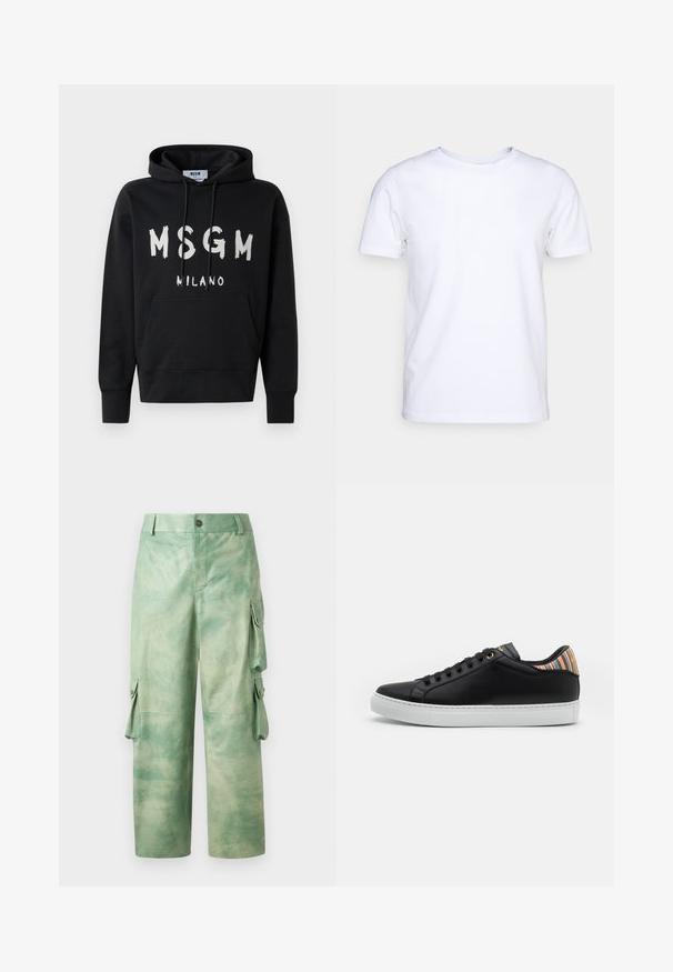 Μαύρη φόρμα με κουκούλα και λευκό λογότυπο MSGM Milano μπροστά, διαθέτοντας μπροστινή τσέπη και κορδόνι στην κουκούλα.; Λευκό κοντομάνικο μπλουζάκι από βαμβακερό ύφασμα με στρογγυλή λαιμόκοψη. Απλός σχεδιασμός χωρίς μοτίβα ή λεπτομέρειες. Λείο υφή.; Les Benjamins VINTAGE PANT - Δερμάτινο παντελόνι - army green; Μαύρο αθλητικό παπούτσι από δέρμα με λευκή καουτσούκ σόλα, που διαθέτει πολύχρωμη ρίγα στο τακούνι και μαύρους κορδόνες με χρυσές θηλιές.