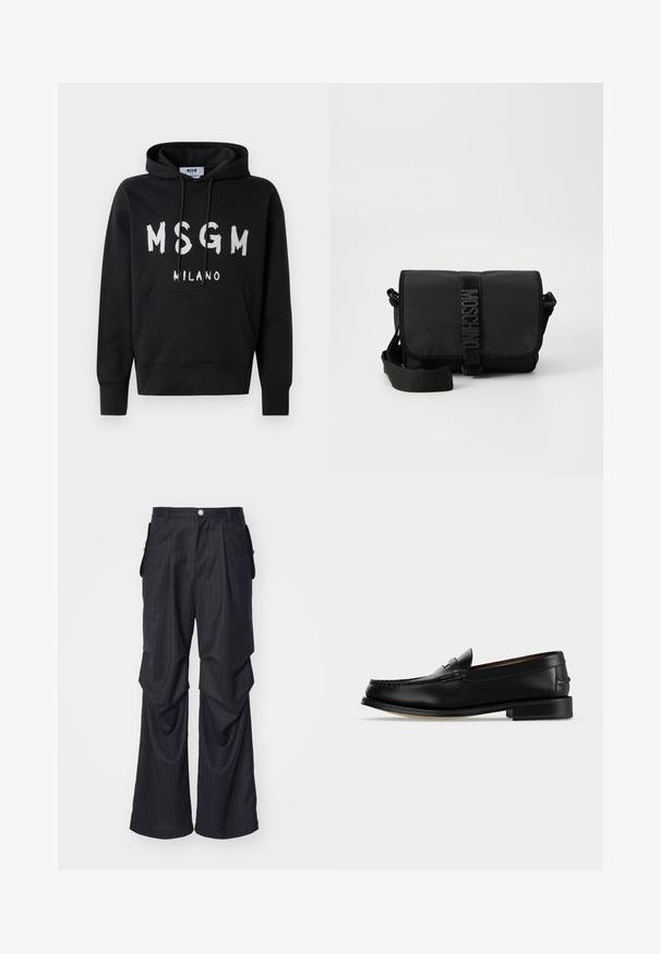 Hoodie noir avec logo MSGM Milano blanc à l'avant, doté d'une poche frontale et d'une capuche avec cordon de serrage.; Pantalons noirs à rayures avec une coupe large, dotés de plis, de poches latérales et d'une fermeture à bouton à l'avant. Texture lisse.; Mocassin homme en cuir noir avec un petit talon et une couture de style mocassin sur l'avant, vu de côté sur un fond uni.; Sac bandoulière noir en nylon avec rabat, doté d'une fermeture à bande logo proéminente, d'une bandoulière réglable et de détails de surpiqûres sur les côtés.