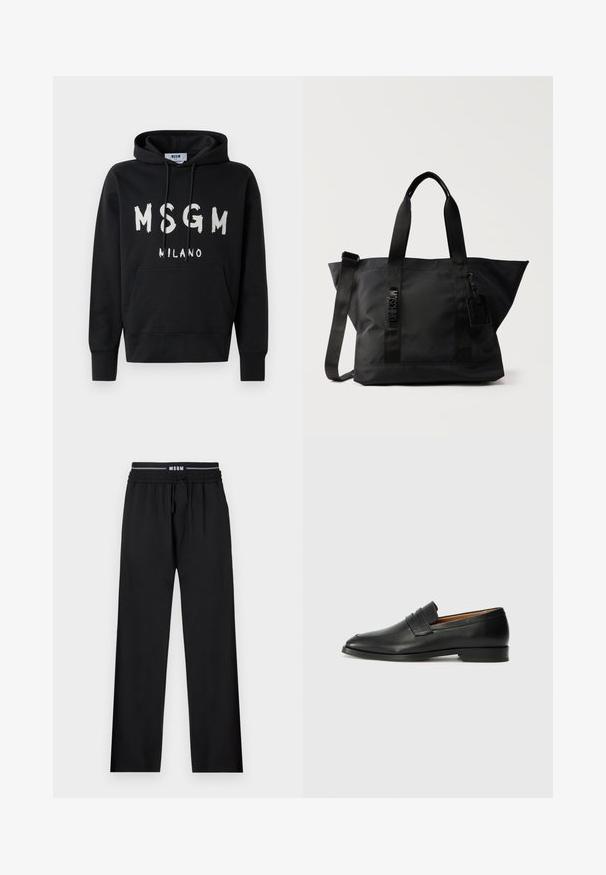 Μαύρη φόρμα με κουκούλα και λευκό λογότυπο MSGM Milano μπροστά, διαθέτοντας μπροστινή τσέπη και κορδόνι στην κουκούλα.; Μαύρο παντελόνι με χαλαρή εφαρμογή, ελαστική μέση, ρυθμιζόμενο κορδόνι και πλαϊνές τσέπες. Φτιαγμένο από λεία ύλη χωρίς σχέδια.; Μαύρη δερμάτινη λοφά, με στρογγυλή μύτη, διακριτές ραφές και χαμηλό τακούνι, διαθέτοντας λεία υφή και μινιμαλιστικό σχέδιο.; Μαύρη τσάντα tote από νάιλον με δύο πάνω λαβές, ρυθμιζόμενο λουρί ώμου και μικρή προσαρτημένη ετικέτα, με κάθετο κείμενο MOSCHINO μπροστά.