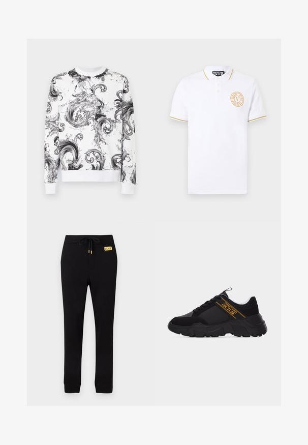 Sweat-shirt blanc à manches longues avec des motifs baroques abstraits tourbillonnants noirs et gris, poignets et ourlet côtelés.; Polo blanc à manches courtes avec bordure dorée sur le col et les manches, arborant un logo Versace Jeans Couture doré sur la poitrine.; Pantalon de jogging noir à coupe slim avec poignets côtelés, taille élastique avec cordon de serrage, et petite étiquette logo jaune Versace Jeans Couture.; Baskets noires épaisses avec semelle texturée, motif nid d'abeille près du talon et logo doré "Versace Jeans Couture" sur le côté.