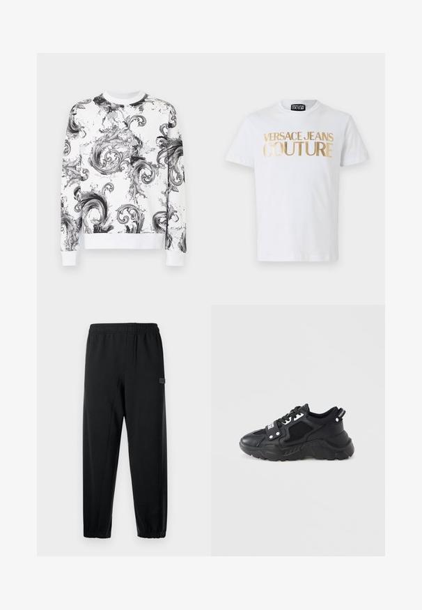 Sweat-shirt blanc à manches longues avec des motifs baroques abstraits tourbillonnants noirs et gris, poignets et ourlet côtelés.; T-shirt en coton blanc avec un lettrage doré en gras "VERSACE JEANS COUTURE" sur le devant. Col rond et manches courtes.; Pantalons de survêtement noirs avec une taille élastique, des jambes fuselées et une petite patch de marque. Fabriqués en tissu lisse et léger.; Baskets noires à semelle épaisse, avec des panneaux en mesh et des accents en cuir. Comprennent des lacets blancs et un logo sur le côté.