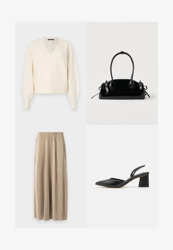 Vero Moda Knitted VMBOOM Knitted - Striktrøje - birch melange; Plisseret beige midi-skjørt med elastisk talje, der har lodrette striber og en flydende silhuet for nem bevægelse.; Sort lædersko med slingback, spids tå, lav blokhæl og minimalistisk design med tynde remme og glat tekstur.; Lille sort blank håndtaske med to lange håndtag og snøre-detaljer i siden på en ensfarvet lys baggrund.