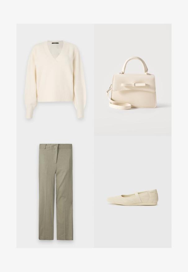Vero Moda Knitted VMBOOM Knitted - Striktrøje - birch melange; Lys olivengrønne bukser, skræddersyet pasform, med flad front, to sidelommer og et glat, struktureret stof. Ingen synlige mønstre eller accenter.; Lysebrune ballet flats med en glat læderoverflade, mandelformet tå og elastisk rem over vristen, med diskrete syninger.; Lille beige håndtaske med top-håndtag, aftagelig rem, forreste klap og dekorativ vandret sløjfe på en ensfarvet baggrund.