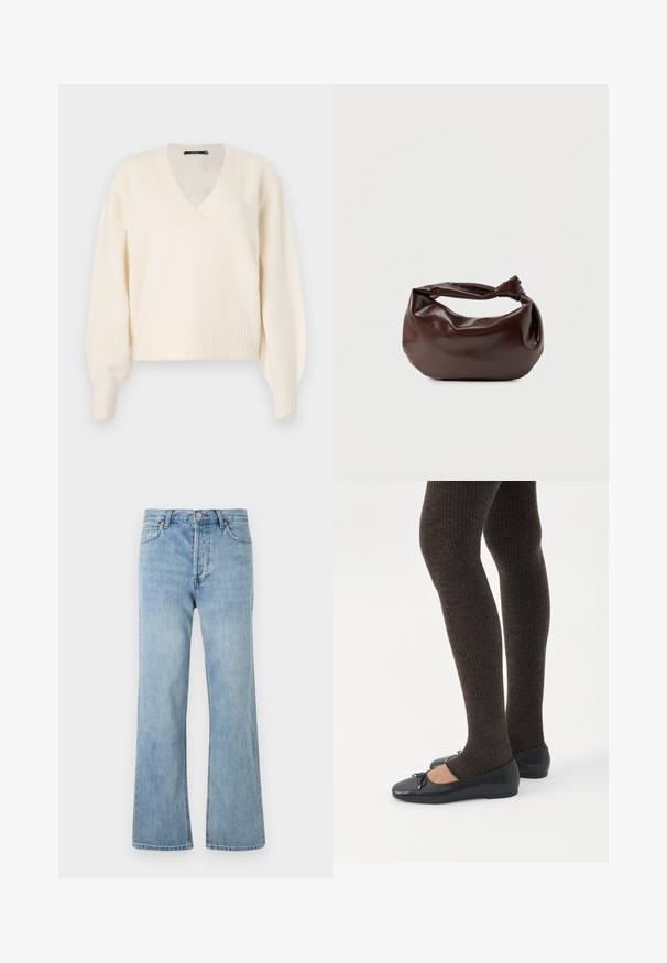 Vero Moda Knitted VMBOOM Knitted - Striktrøje - birch melange; Lyseblå højtaljede denimjeans med knaplukning, for- og baglommer samt lige ben på en hvid baggrund.; Ben iført mørke ribbede leggings kombineret med sorte balletsko med små sløjfedetaljer på hvid baggrund.; Mørkebrun læder skuldertaske med en blød, afslappet form og et snoet knudehåndtag på en ensartet hvid baggrund.