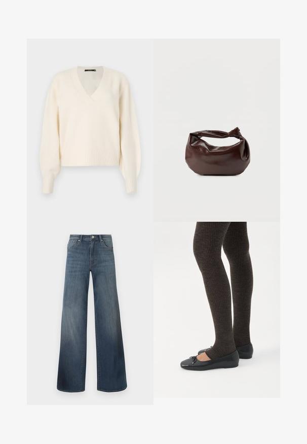 Vero Moda Knitted VMBOOM Knitted - Striktrøje - birch melange; Bredde denim jeans i mørkeblå, med en slidteknik, knaplukning og fem-lomme stil. Glat tekstur, minimal syning detaljer.; Ben iført mørke ribbede leggings kombineret med sorte balletsko med små sløjfedetaljer på hvid baggrund.; Mørkebrun læder skuldertaske med en blød, afslappet form og et snoet knudehåndtag på en ensartet hvid baggrund.