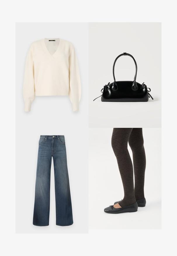 Vero Moda Knitted VMBOOM Knitted - Pullover - birch melange; Jeans en denim à jambes larges de couleur bleu foncé, avec une finition déchirée, fermeture à bouton et style à cinq poches. Texture lisse, détails de couture minimalistes.; Jambes portant des leggings côtelés foncés associés à des ballerines noires avec de petits détails en nœud sur fond blanc.; Petit sac à main noir brillant avec deux longues anses et des détails à cordon sur les côtés sur un fond clair uni.
