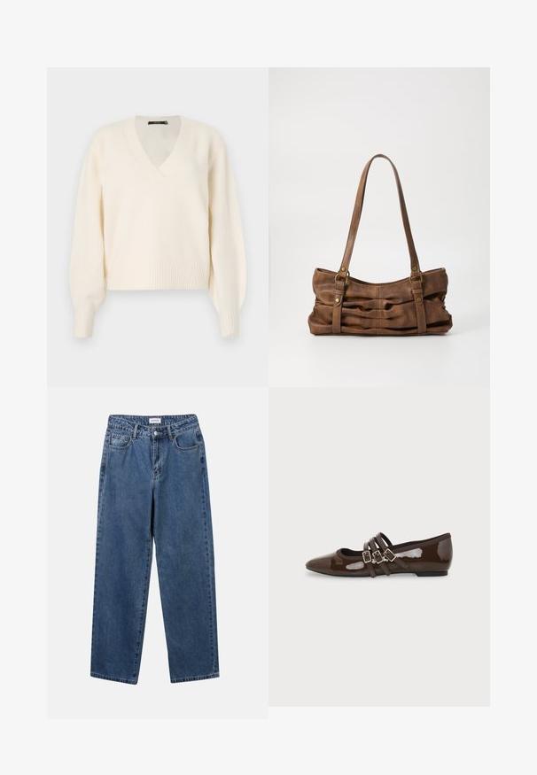 Vero Moda Knitted VMBOOM Knitted - Jersey de punto - birch melange; Jeans de mezclilla azul clásico con un diseño de pierna recta, cinco bolsillos y cierre de botón. Presenta un lavado medio y una textura resistente.; Zapato plano de charol marrón con punta en forma de pico y tres correas ajustables con hebilla en el lateral, mostrado desde el perfil exterior.; Even&Odd Bolso de mano - brown