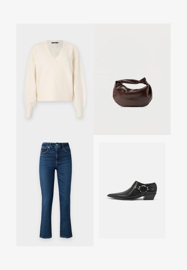 Vero Moda Knitted VMBOOM Knitted - Jersey de punto - birch melange; Good American GOOD LEGS - Vaqueros slim fit - dark blu; Botas de cuero negras hasta el tobillo con puntera puntiaguda, que presentan una correa de cuero en la parte delantera y un detalle de hebilla plateada, además de un tacón bajo y cuadrado.; Bolso de hombro de cuero marrón oscuro con una forma suave y caída, y un asa con nudo torcido sobre un fondo blanco liso.