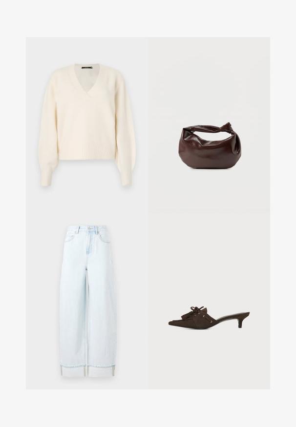 Vero Moda Knitted VMBOOM Knitted - Striktrøje - birch melange; Lyseblå vidde jeans lavet af denim, med høj talje, forlommer og en rullet kant med synlige syninger.; Brun ruskind mule-sko med spids tå, lav kittenhæl, snøring med sløjfe og kvastdetaljer på hvid baggrund.; Mørkebrun læder skuldertaske med en blød, afslappet form og et snoet knudehåndtag på en ensartet hvid baggrund.