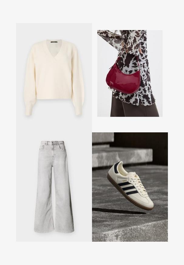 Vero Moda Knitted VMBOOM Knitted - Striktrøje - birch melange; Lysegrå jeans med vid ben lavet af denim, med høj talje, forlommer og knaplukning. Glat tekstur med et diskret falmet look.; Hvid Adidas Samba sneaker med sorte striber og gummsål, svævende over teksturerede grå betonstrin.; Kvinde iført en sort- og hvidmønstret bluse, der holder en blank rød skuldertaske mod en ensfarvet baggrund.
