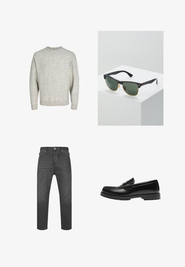Lys grå strikket sweater med rund halsudskæring, drop shoulders og ribbede manchetter, der har en struktureret, let fuzzy overflade.; Mørk grå denim jeans med lige benpasform, der har subtile slidmærker, fem-lomme design og knaplukning.; Sort læderloafer med en kraftig gummisål og klassiske penny-strap detaljer, vist fra ydersiden.; Ray-Ban solbriller med grønne linser, sorte plastikstel og gyldne detaljer ved kanterne. Firkantet form med mat finish.