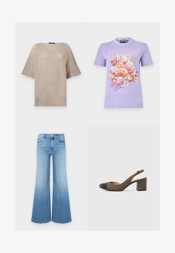 Open-gehaakte beige trui met V-hals, korte mouwen en een losse pasvorm. Het materiaal is lichtgewicht met een gevarieerd weefpatroon.; Lila T-shirt met korte mouwen en de tekst "Versace Jeans Couture", met een kleurrijke koraalrifprint met schelpen en zeewieren aan de voorkant.; Lichtgewassen spijkerbroek met een uitlopende vorm, voorzien van een hoge taille, twee voorzakken en een onafgewerkte zoom aan de onderkant.; Bruine pumps met slingback en blokhak, zwart afgeronde neus, voorzien van een klein gouden logo bij de hiel.