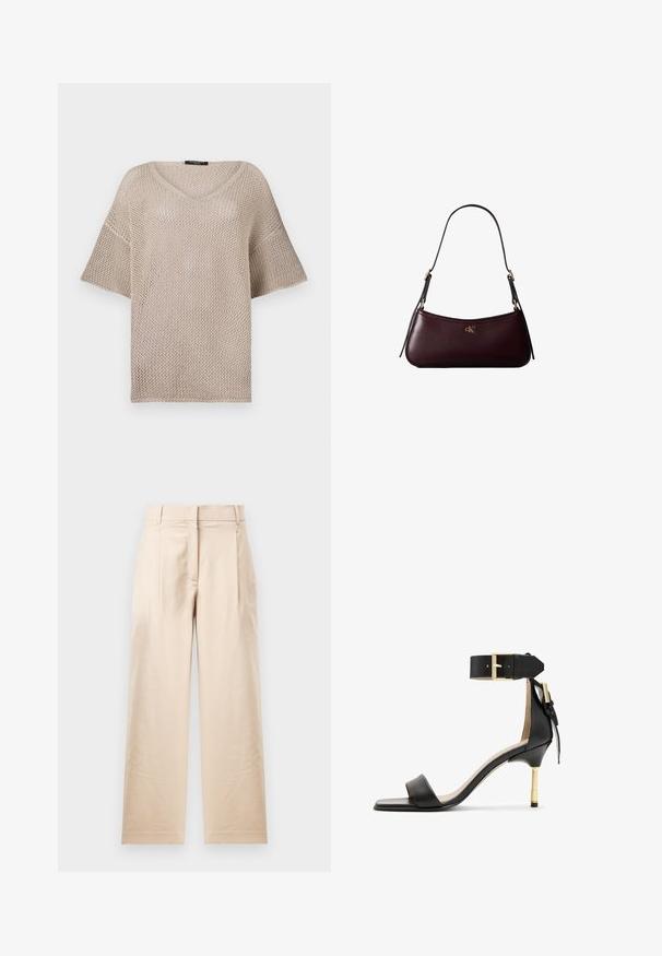 Pull beige en maille ouverte avec un décolleté en V, des manches courtes et une coupe ample. Le matériau est léger avec un motif tissé texturé.; Pantalon beige en tissu lisse. Présente une coupe droite, un devant plat et deux plis. Sans motifs visibles ni accessoires.; Sandale à talon en cuir noir avec un bout carré, une bride de cheville dotée d'une boucle en or et un talon métallique fin. Texture lisse, design minimaliste.; Sac à main en cuir bordeaux foncé avec une fine sangle d'épaule noire et un petit logo doré "cK" au centre devant.