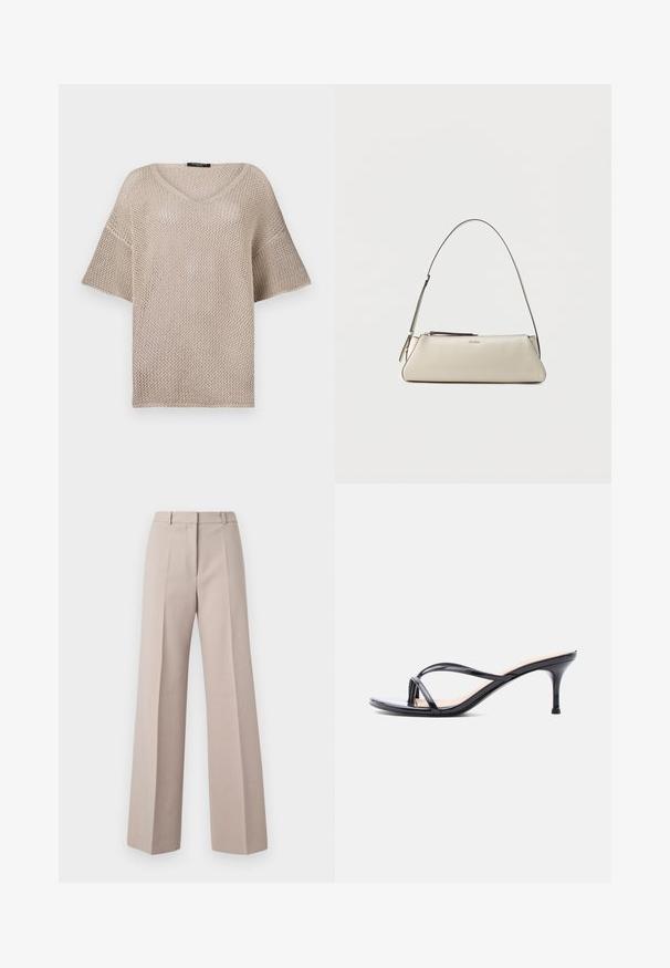 Pull beige en maille ouverte avec un décolleté en V, des manches courtes et une coupe ample. Le matériau est léger avec un motif tissé texturé.; Pantalons beige à jambes larges en tissu lisse, avec une taille haute, des plis avant et une silhouette ajustée.; Sandale à talon en cuir verni noir avec fines lanières croisées et talon aiguille moyen et élancé sur fond blanc.; Petit sac à épaule en cuir beige avec une fine bandoulière et une fermeture éclair, orné d'un logo métallique discret au centre avant.