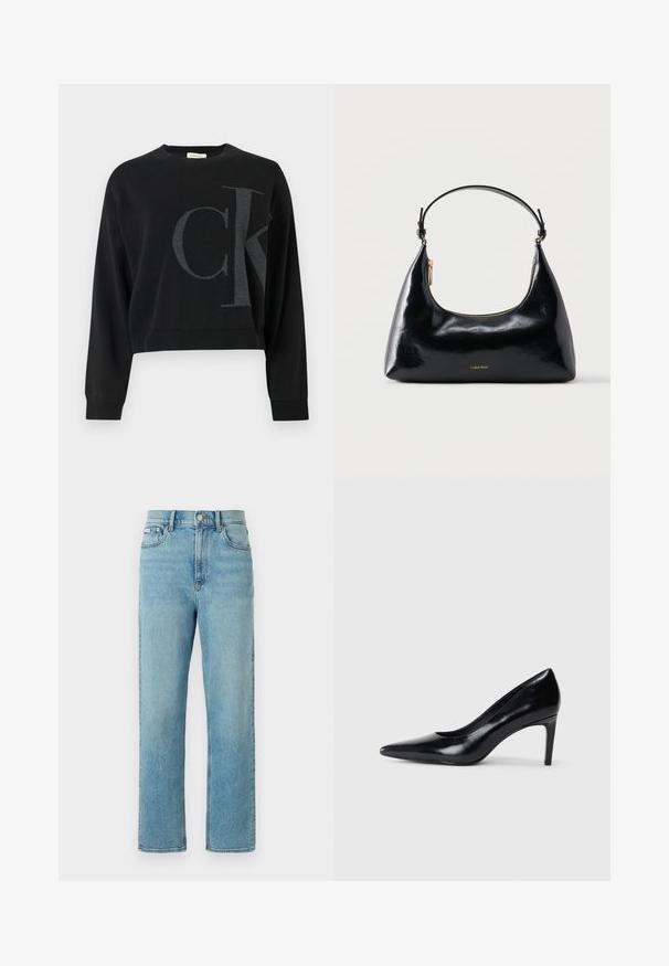 Pull court noir avec un grand logo "CK" gris sur le devant. Confectionné dans un tissu doux et texturé avec des poignets côtelés.; Jean en denim bleu clair avec une coupe droite, un design à cinq poches et une fermeture à boutons. Présente un léger effet délavé et un ourlet standard.; Chaussure à talon haut en cuir noir avec un bout pointu, texture lisse et un talon effilé. Design minimaliste, sans embellissements supplémentaires.; Sac à main Calvin Klein noir brillant avec fermeture éclair dorée et anse courte sur fond blanc uni.