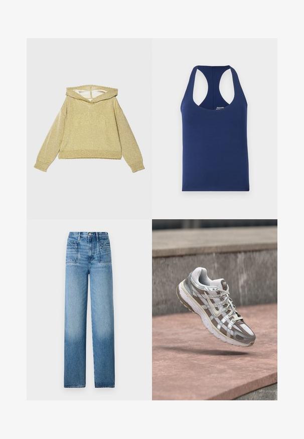 Gouden, sprankelende hoodie met een brede halslijn, lange mouwen en geribbelde cuffs. Heeft een gestructureerde afwerking en een cropped ontwerp.; Navy blauwe mouwloze tanktop gemaakt van zachte katoen. Kenmerkt een ronde halslijn en brede armsgaten. Eenvoudig, aansluitend ontwerp zonder patronen.; Lichtblauwe denim jeans met een hoge taille, rechte pijpen, voorzakken en een vervaagde afwerking aan de onderzoom.; Witte en grijze Nike hardloopschoen zwevend boven een rozeachtige betonnen ondergrond met een grijze stenen muur op de achtergrond.