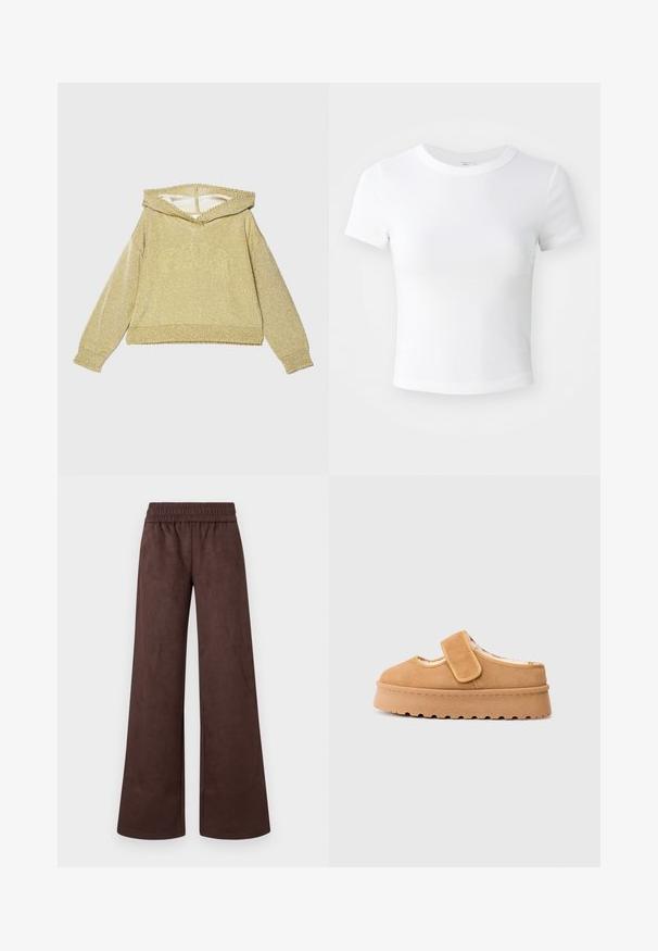 Gylden, glitrende hoodie med vid halsudskæring, lange ærmer og ribbede manchetter. Har en struktureret overflade og et cropped design.; Simpel hvid kortærmet cropped t-shirt med rund halsudskæring, præsenteret på en neutral lys baggrund.; Brune vide benbukser lavet af blødt stof, med en elastisk talje og en glat, mat overflade, uden synlige lommer eller mønstre.; Brune ruskind slip-on sko med velcrorem, rund tå og tyk platformsål med struktureret gummitræd.