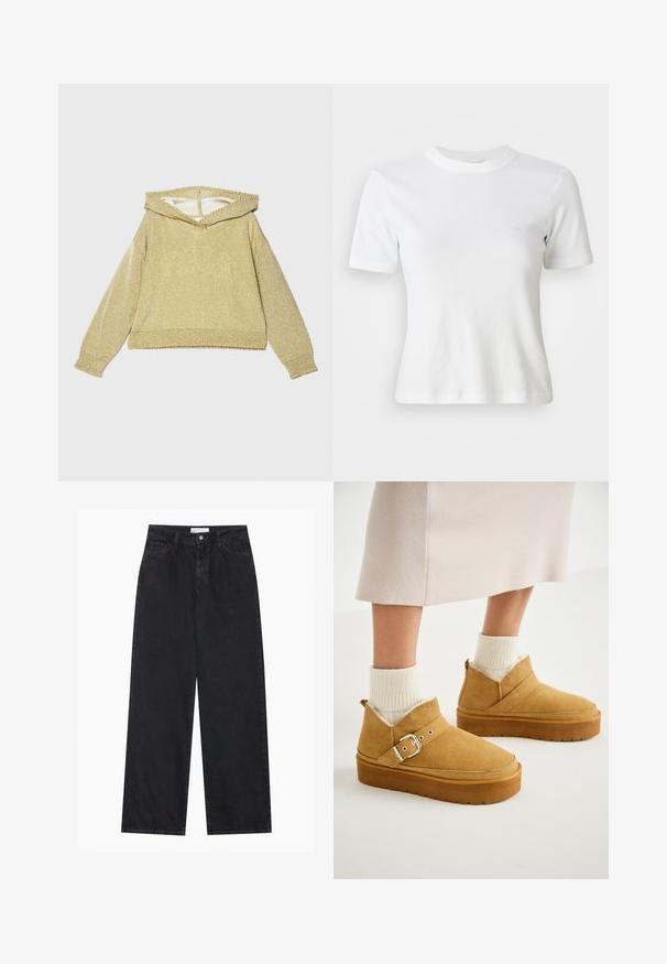 Gouden, sprankelende hoodie met een brede halslijn, lange mouwen en geribbelde cuffs. Heeft een gestructureerde afwerking en een cropped ontwerp.; Witte gestreepte t-shirt met korte mouwen, een ronde halslijn en een klein logo op de borst. Gemaakt van zachte stof met een getailleerd ontwerp.; Zwarte high-waisted spijkerbroek met wijde pijpen, frontknopen en ritssluiting, ceintuurlussen en een vijf-pocket stijl.; Tan suède enkellaarsjes met een platte zool, voorzien van een gespband en een zachte binnenvoering, gecombineerd met geribbelde crèmekleurige sokken.