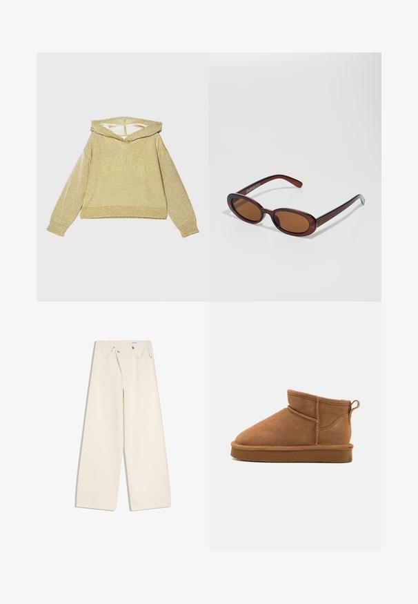 Gouden, sprankelende hoodie met een brede halslijn, lange mouwen en geribbelde cuffs. Heeft een gestructureerde afwerking en een cropped ontwerp.; Off-white wijde broek met steekzakken aan de voorkant, lussen voor een riem en zilveren knopen op de tailleband en de randen van de zakken.; Bruine suède enkellaarsjes met een ronde neus, eenvoudig ontwerp, lage profiel en een trekstrip aan de achterkant voor gemakkelijk aan- en uittrekken. Zachte binnenvoering zichtbaar.; Ronde, bruin getinte zonnebril met een glanzend bordeauxrood frame. Slanke pootjes met subtiele merkdetails. Vlakke lensontwerp.