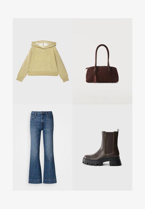 Gylden, glitrende hoodie med vid halsudskæring, lange ærmer og ribbede manchetter. Har en struktureret overflade og et cropped design.; Udståede denimjeans i mørkeblå. Har fem lommer, bæltestropper og orange syninger. Glat tekstur med et klassisk pasformdesign.; Brune læder ankelstøvle med elastiske sidepaneler, kraftig sort gummisål, hævet hæl og kontraststingdetaljer.; Mørkebrun ruskindshåndtaske med to lange håndtag og en lille fastgjort tag, sat mod en ensfarvet lys baggrund.