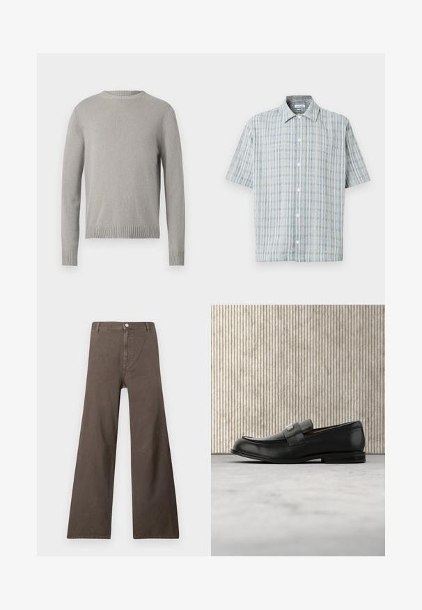Lys grå strikket sweater med rund halsudskæring, ribbede manchetter og kant. Har et struktureret stof i en ensfarvet farve uden mønstre.; Kortærmet skjorte med knapper, blå og hvid ternet mønster, spredt krave og hvide knapper ned foran.; Brune brede bukser med høj talje, knaplukning, bælteslyngninger og synlige sømdetaljer på benene.; Sort læderloafer med metalbrandskilt hvilende nær et brunt rundt bord på beige tæppe.