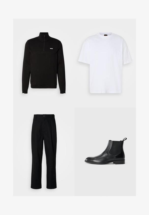 Pull-over noir à demi-zip en tissu tricoté doux. Il présente un col montant, des manches longues et un logo BOSS blanc sur la poitrine.; T-shirt en coton blanc avec un col rond, des manches courtes et une coupe décontractée. Les coutures épaules texturées ajoutent un détail supplémentaire.; Pantalons noirs à jambes droites avec une taille à bouton, passants de ceinture et pli avant, présentés sur un fond blanc uni.; Bottine en cuir noir avec des panneaux latéraux élastiques, bout rond et tirette. Texture lisse, semelle plate, design minimaliste.